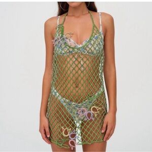 ISO For Love And Lemons Green Mesh Dress with Floral Details